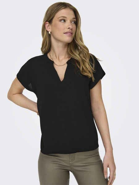 JDY Short Sleeve V-Neck Top in Black