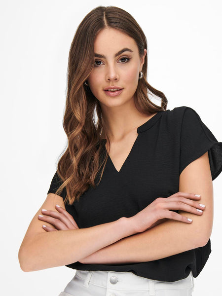 JDY Short Sleeve V-Neck Top in Black