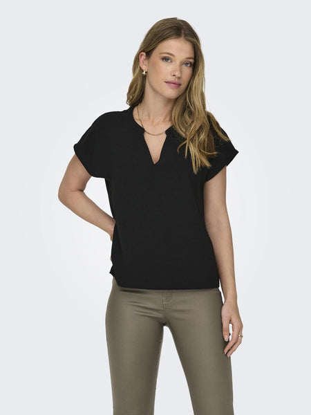 JDY Short Sleeve V-Neck Top in Black