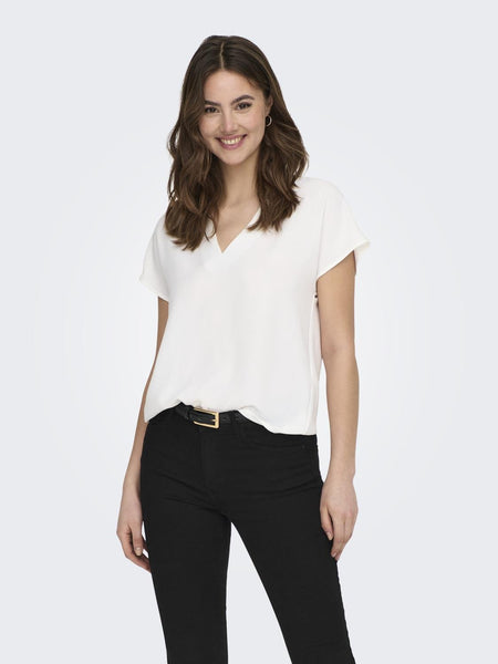 JDY Short Sleeve V-Neck Top in White