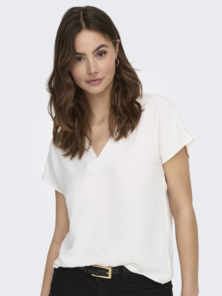 JDY Short Sleeve V-Neck Top in White