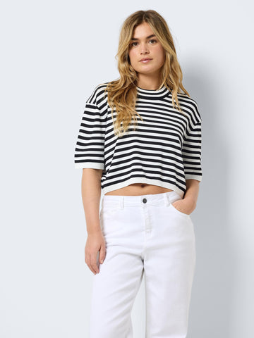 Noisy May Striped Short Sleeve Knit Top in Black