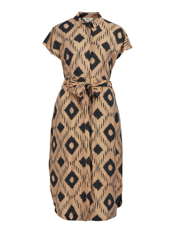 Object Patterned Short Sleeve Long Shirt Dress in Brown