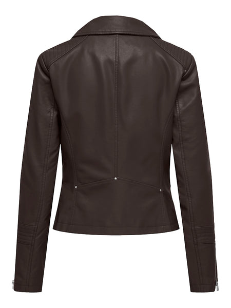 ONLY Faux Leather Biker Jacket in Chocolate