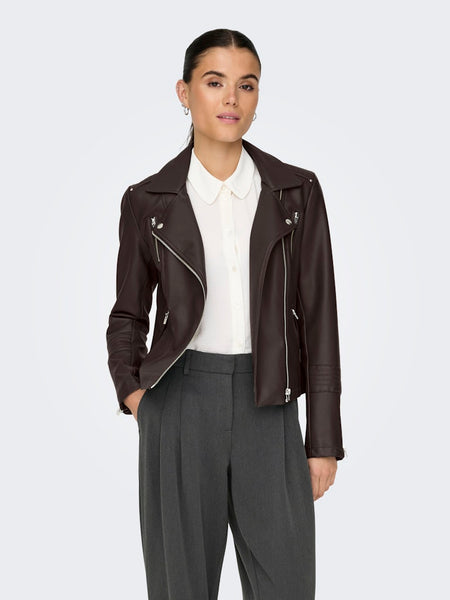 ONLY Faux Leather Biker Jacket in Chocolate