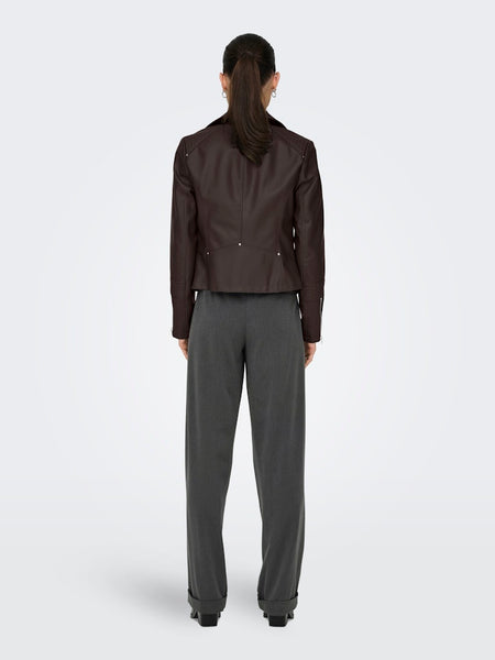 ONLY Faux Leather Biker Jacket in Chocolate