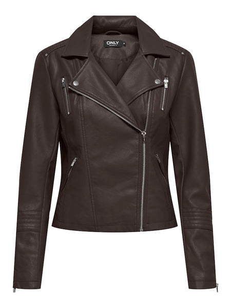 ONLY Faux Leather Biker Jacket in Chocolate