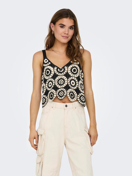 Only Patterned Sleeveless Crochet Top in Black