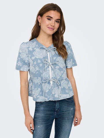 Only Denim Floral Short Sleeve Bow Top in Light Blue