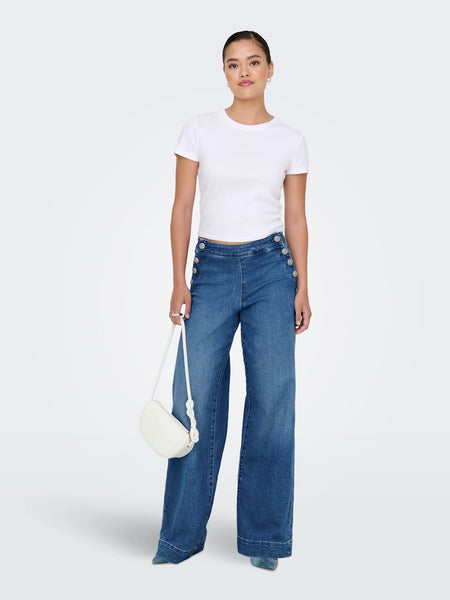 ONLY Wide Leg Button Detail Jeans in Medium Blue