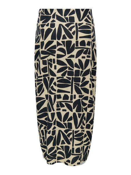 Only Patterned Linen Blend Midi Skirt in Beige