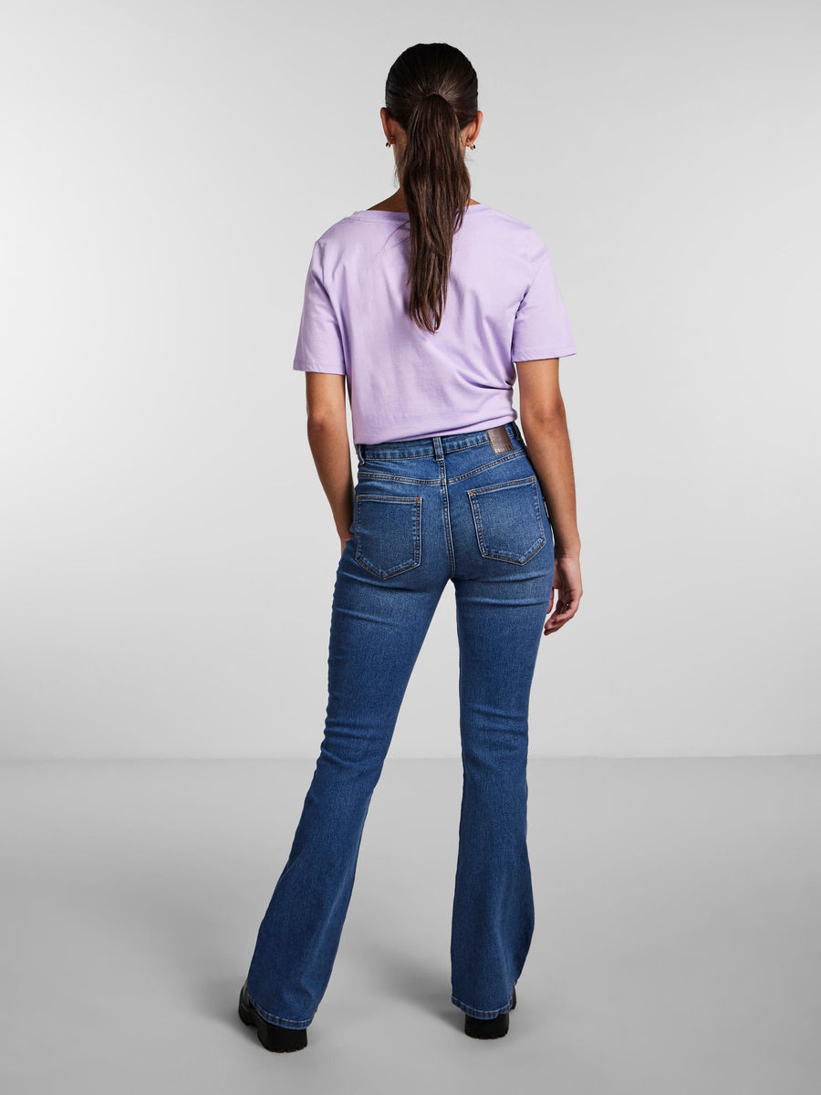 Pieces Tall Peggy high waisted flared jeans in light blue