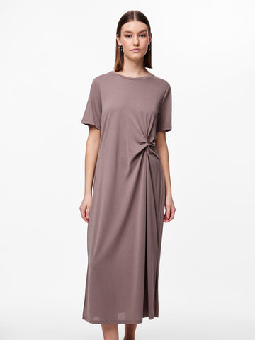 Pieces Short Sleeve Knot Detail Midi Dress in Brown