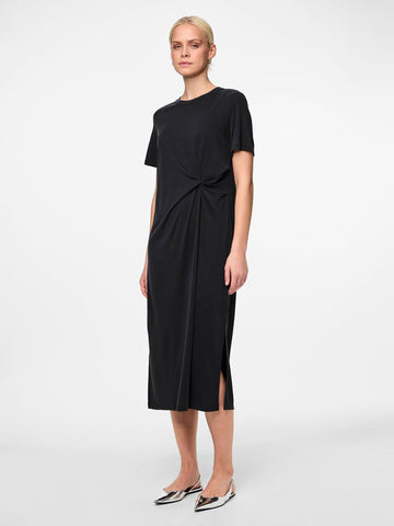Pieces Short Sleeve Knot Detail Midi Dress in Black