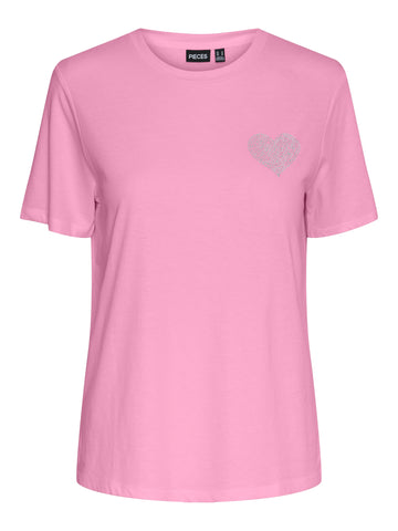 Pieces Rhinestone Heart Detail T-Shirt in Pink