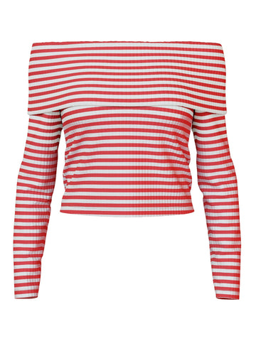 Pieces Striped Off Shoulder Top in Red