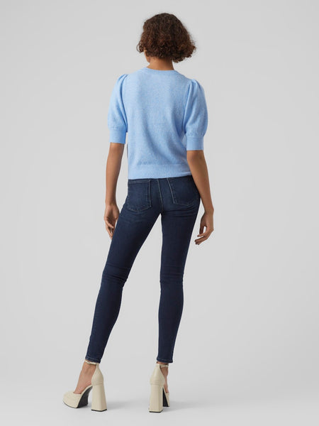 VERO MODA Knitted 2/4 Sleeve O-Neck Top in Blue