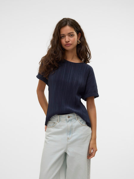 Vero Moda Pleated Short Sleeve Top in Navy