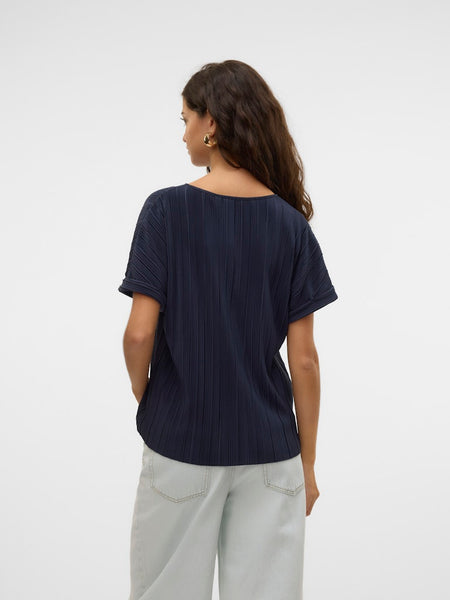 Vero Moda Pleated Short Sleeve Top in Navy