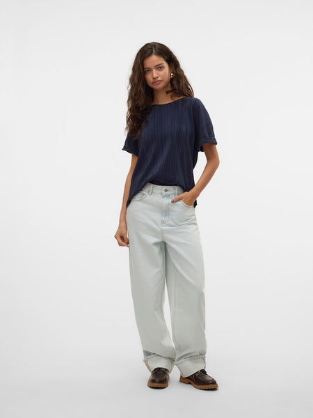 Vero Moda Pleated Short Sleeve Top in Navy