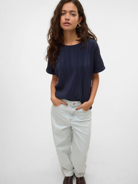 Vero Moda Pleated Short Sleeve Top in Navy