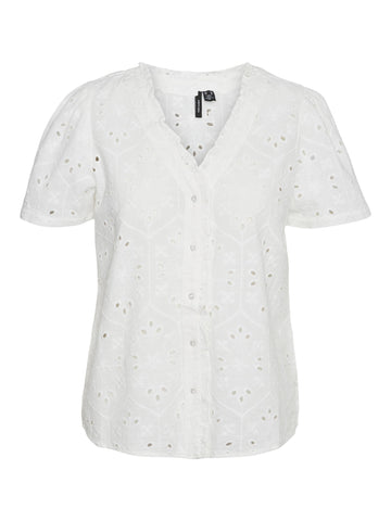Vero Moda Short Sleeve Embroidered V-Neck Shirt in White