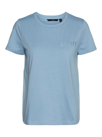 Vero Moda 'Love' Embroidered T-Shirt in Blue