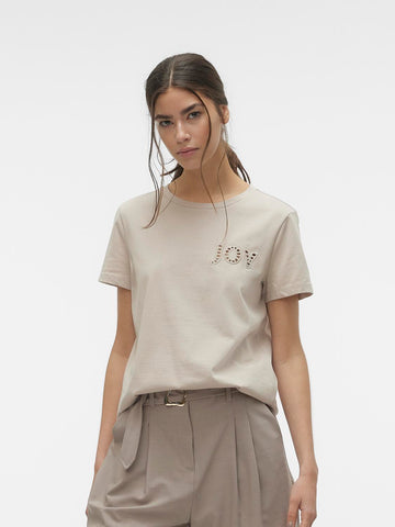Vero Moda 'Joy' Embroidered T-Shirt in Beige