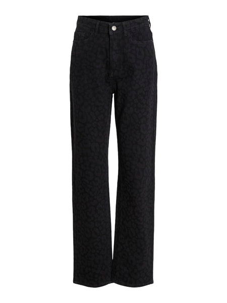 VILA Leopard Print Straight Leg Jeans in Black