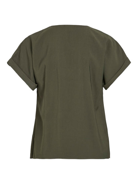 VILA Short Sleeve V-Neck Top in Khaki Green