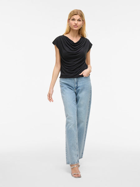 VILA Short Sleeve Waterfall Top in Black