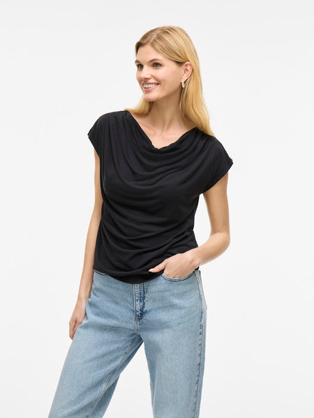 VILA Short Sleeve Waterfall Top in Black
