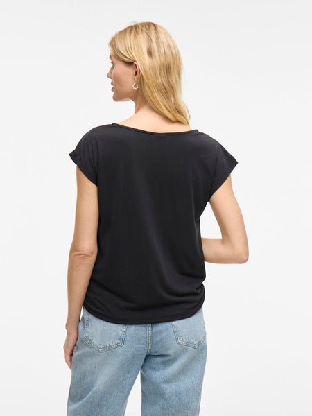 VILA Short Sleeve Waterfall Top in Black