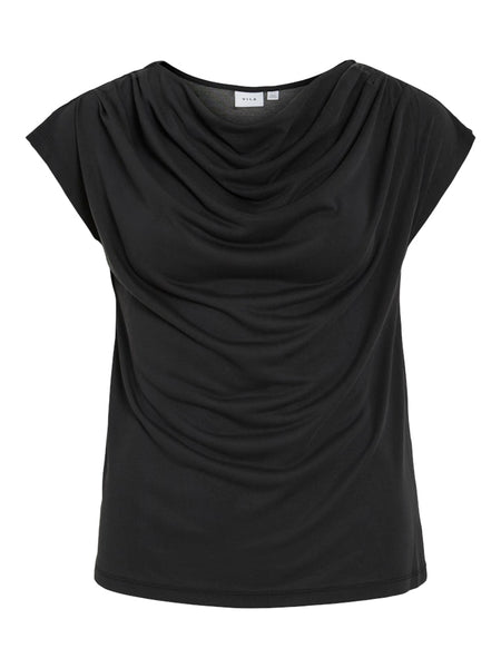 VILA Short Sleeve Waterfall Top in Black