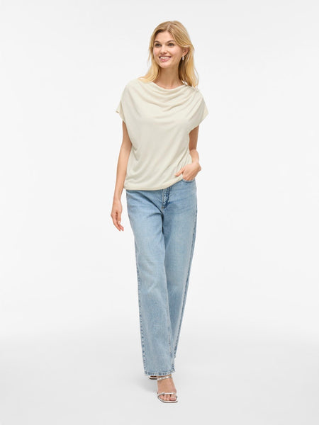 VILA Short Sleeve Waterfall Top in Cream
