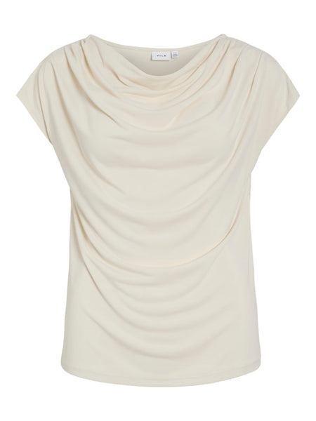 VILA Short Sleeve Waterfall Top in Cream