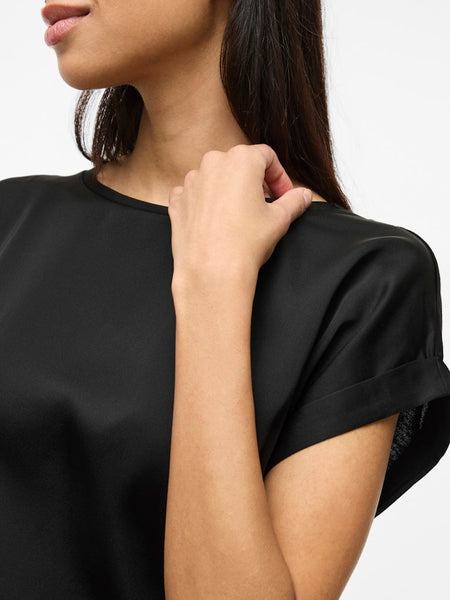 VILA Short Sleeve Satin Look Top in Black