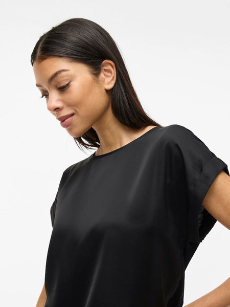 VILA Short Sleeve Satin Look Top in Black