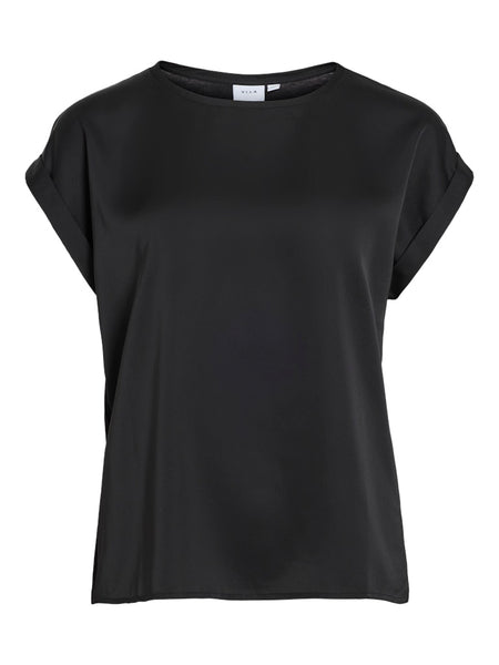 VILA Short Sleeve Satin Look Top in Black