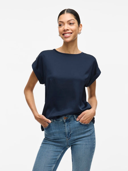 VILA Short Sleeve Satin Look Top in Navy