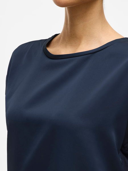 VILA Short Sleeve Satin Look Top in Navy