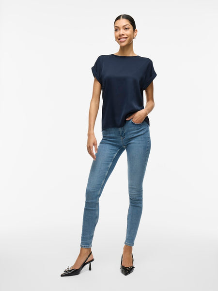 VILA Short Sleeve Satin Look Top in Navy
