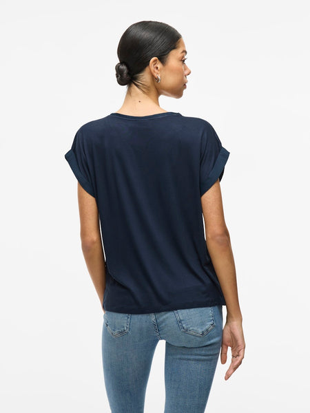 VILA Short Sleeve Satin Look Top in Navy