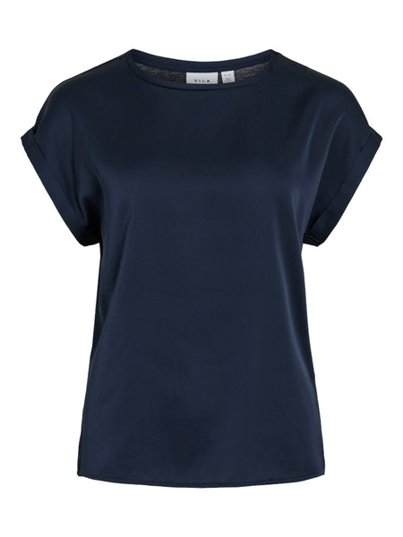 VILA Short Sleeve Satin Look Top in Navy