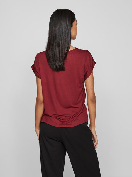 VILA Short Sleeve Satin Look Top in Maroon