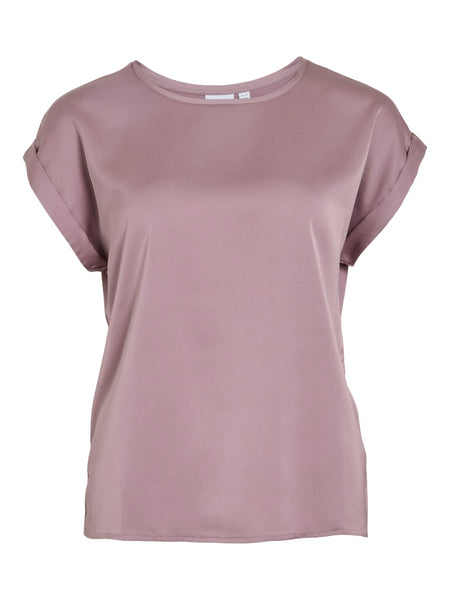VILA Short Sleeve Satin Look Top in Dusty Pink