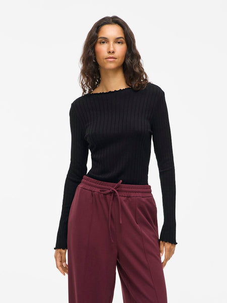 VILA Long Sleeve Ribbed Top in Black