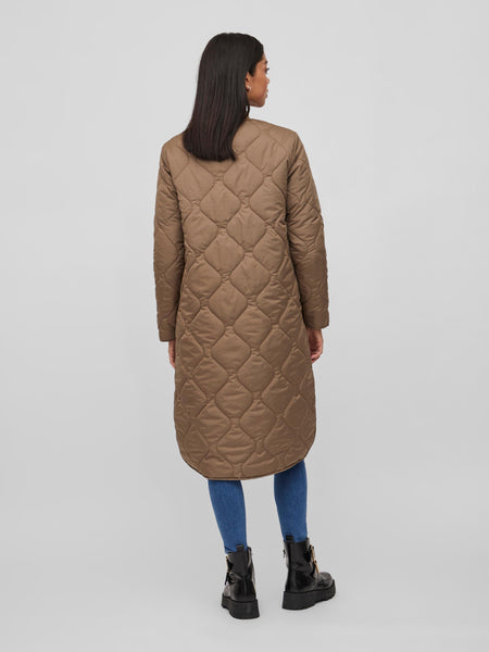 Vila Long Quilted Jacket in Brown