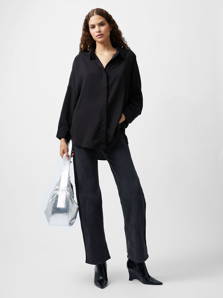 French Connection Caprina Recycled Crepe Long Sleeve Button Shirt in Black