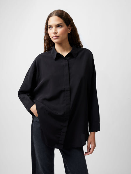 French Connection Caprina Recycled Crepe Long Sleeve Button Shirt in Black